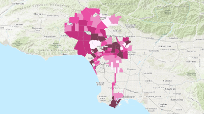 Screenshot of color-coded map of Los Angeles showing Al Fresco sidewalk applications by neighborhood
