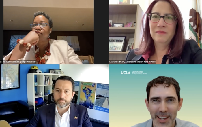 Rochelle Mills, California Assemblymember Laura Friedman, Colin Parent and Adam Millard-Ball in a Zoom webinar