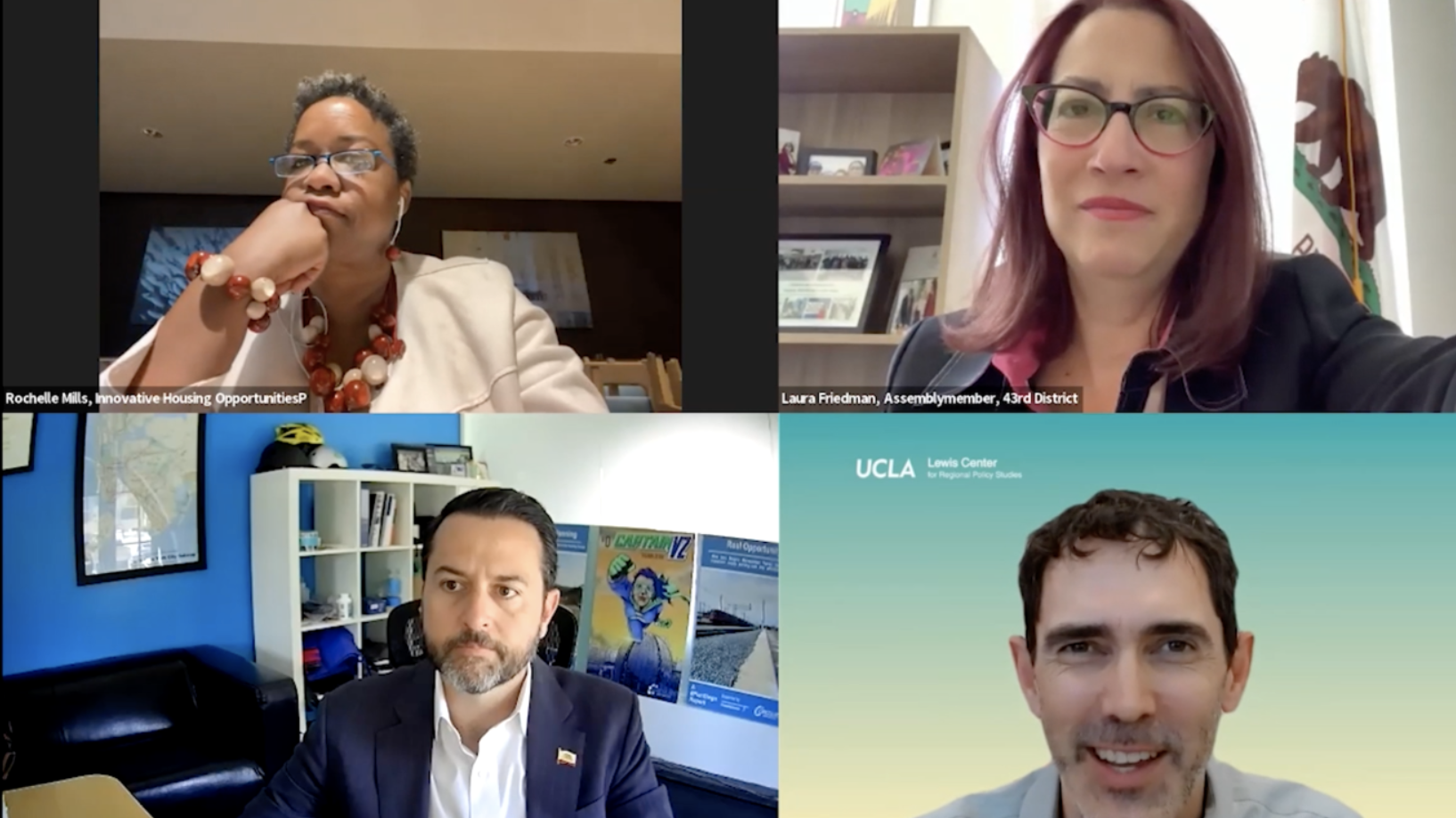 Rochelle Mills, California Assemblymember Laura Friedman, Colin Parent and Adam Millard-Ball in a Zoom webinar