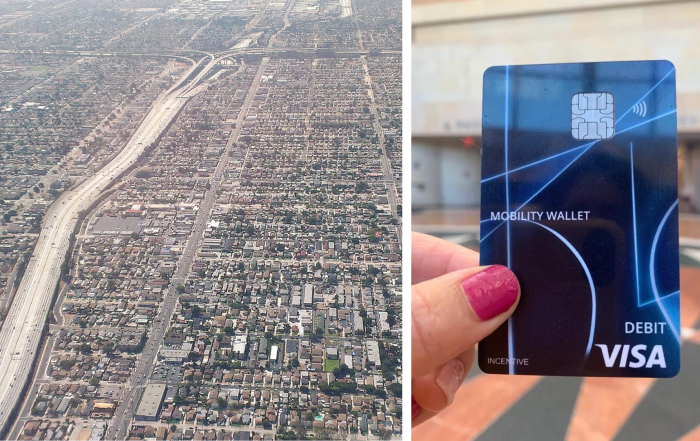 Collage of aerial shot of South Los Angeles junction of 110/105 freeways on left, and close-up of Mobility Wallet debit card on right. Source: CC0 1.0, LA Metro