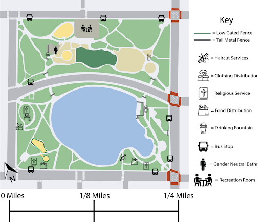 Annotated map of MacArthur Park ALT TEXT: The map identifies where key amenities and services are located within MacArthur Park.
