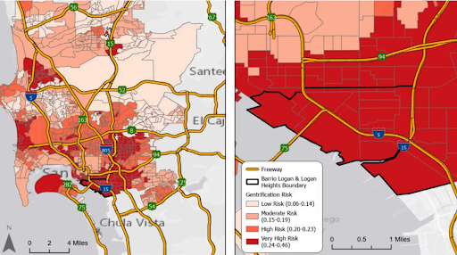 Gentrification risk across San Diego ALT TEXT: This map displays gentrification risk across San Diego, with a detailed inset highlighting the Barrio Logan and Logan Heights neighborhoods. The area surrounding the proposed freeway lid parks along I-5 shows very high gentrification risk, emphasizing the need for targeted anti-displacement strategies in future redevelopment efforts.