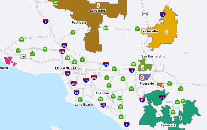 A map of the Los Angeles region showing freeways and color coded neighborhoods/areas as residential hotspots.