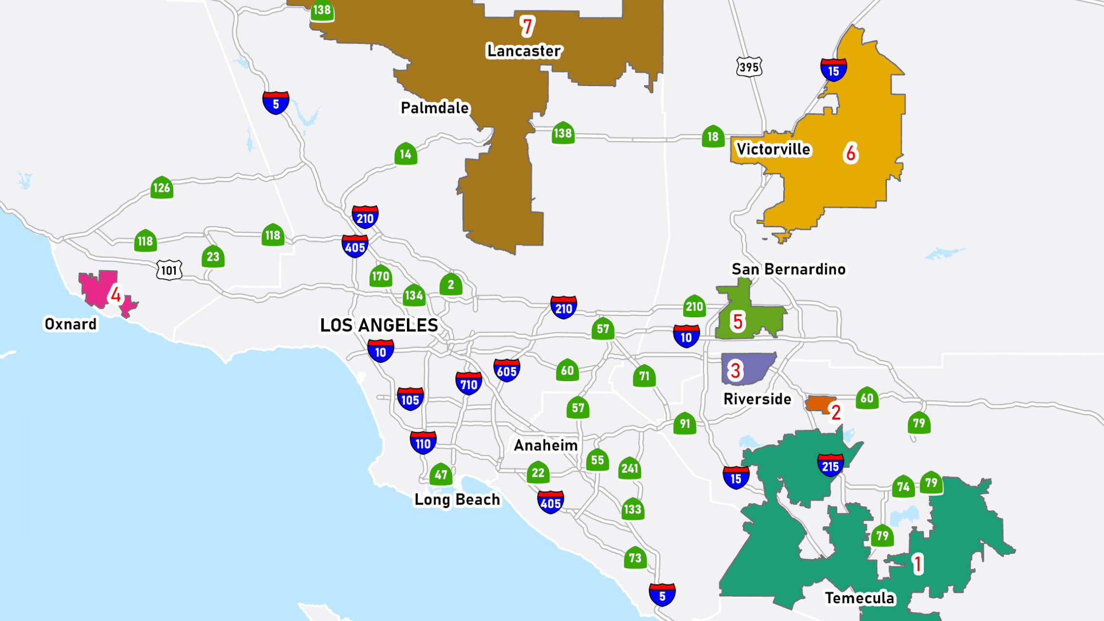A map of the Los Angeles region showing freeways and color coded neighborhoods/areas as residential hotspots.